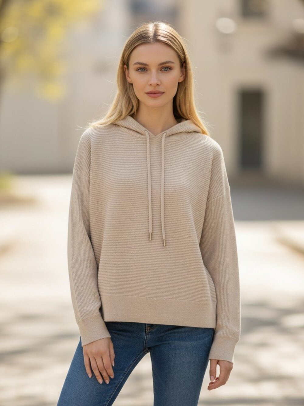 NWT Philosophy Republic Beige Ribbed Knit Pullover Hoodie Sweater Small Petite